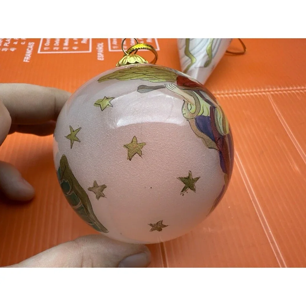 2 LI BIEN Pier One Glass Ornaments Reverse Painted Angels Round 1998 Tear Drop